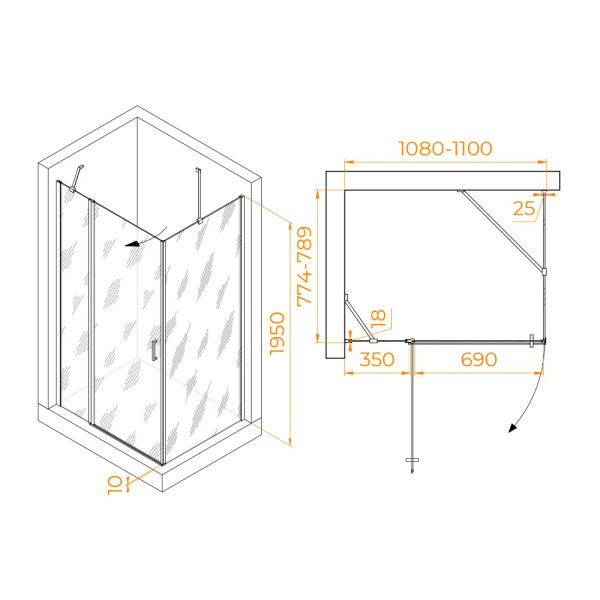 Душевой уголок RGW Leipzig LE-044 (LE-004 + Z-14) 110x 80x195 стекло прозрачное, профиль хром (351204418-11)