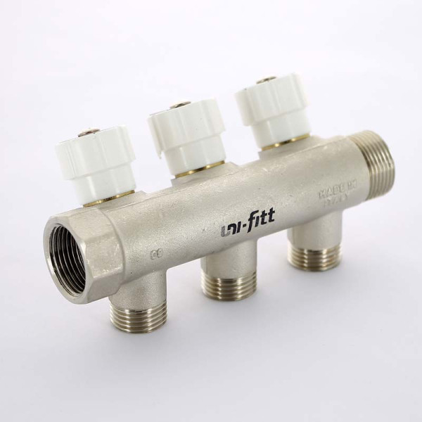 Коллектор Uni-Fitt 3 отвода НВ 3/4"х1/2" 40 мм с вентилями никелированный