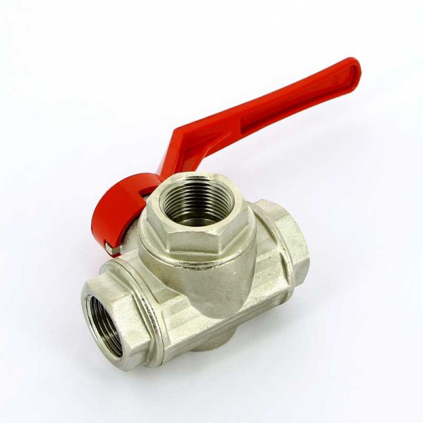 Кран Itap 1" шаровый трёхходовой L-порт (красная ручка-рычаг) (1280100L)