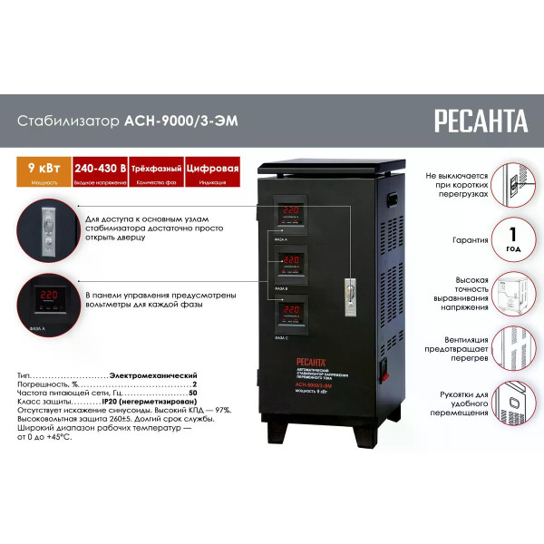 Стабилизатор напряжения трехфазный Ресанта АСН-9000/3 (63/4/4)
