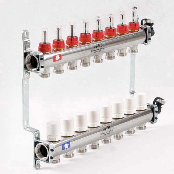 Коллекторная группа Uni-Fitt 7 отводов 1"х3/4" с расходомерами и термостатическими вентилями нерж. сталь