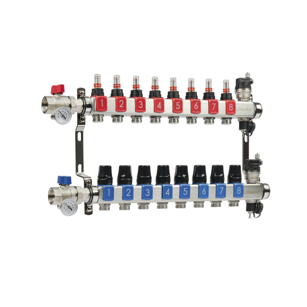 Коллекторная группа 8 отводов 1"*3/4"(18) ЕК с расходомерами Okseler (нерж.ст) с автоматическими воздухоотводчикоми и шаровыми кранами с термометрами