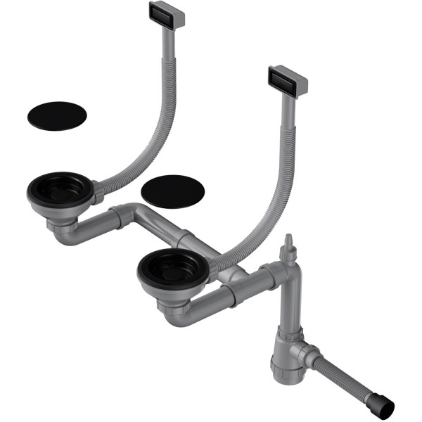 Сифон для двухчашевых моек Omoikiri с прямоугольными переливами, декоративными решетками и декоративными накладками WK-2C-GB графит (4956759)