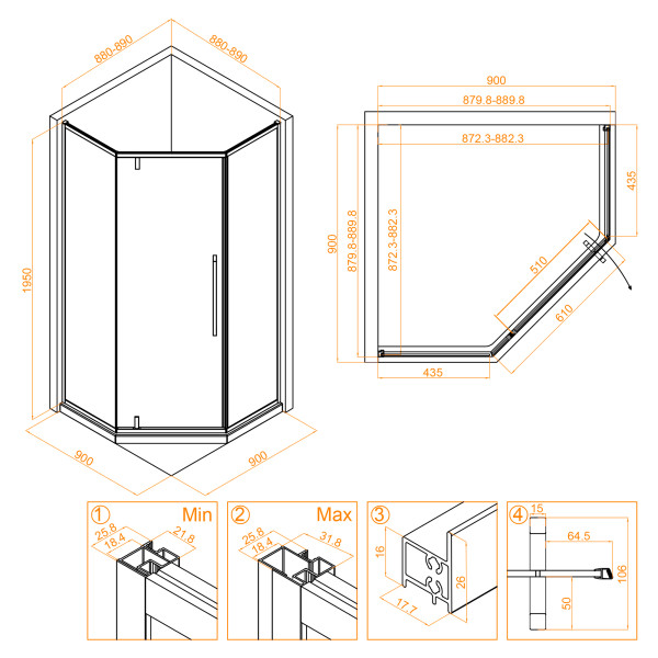 Душевой уголок RGW Stilvoll 90x90x195 стекло прозрачное, профиль золото BRUSH (32328199-16)