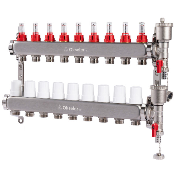 Коллекторная группа 9 отводов 1"*3/4"(18) ЕК с расходомерами Okseler (нерж.ст) с автоматическим воздухоотводчиком и спускным краном (Oks00347)