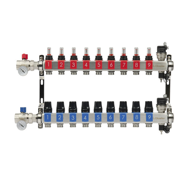 Коллекторная группа 9 отводов 1"*3/4"(18) ЕК с расходомерами Okseler (нерж.ст) с автоматическими воздухоотводчикоми и шаровыми кранами с термометрами
