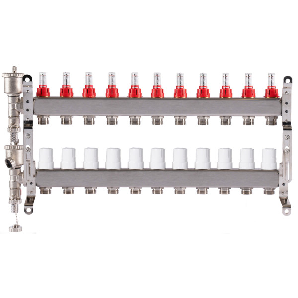 Коллекторная группа 11 отводов 1"*3/4"(18) ЕК с расходомерами Okseler (нерж.ст) с автоматическим воздухоотводчиком и спускным краном (Oks00349)