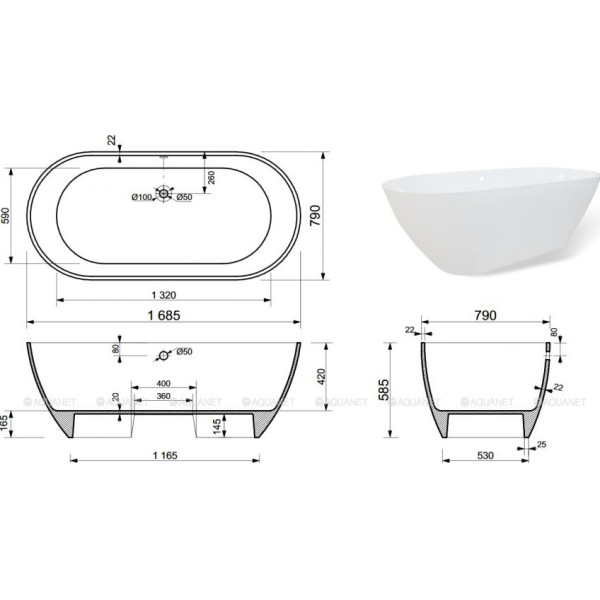 Ванна из искусственного камня Aquanet Family Stone 168х78,5 белая (332887)