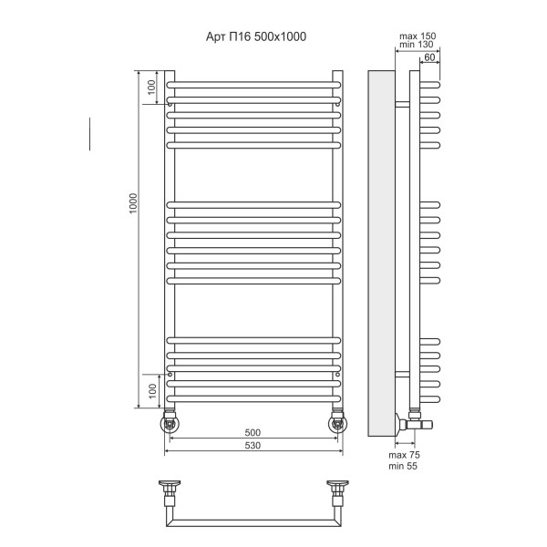 Полотенцесушитель водяной Terminus Арт Lux П16 500x1000 5-6-5 xром