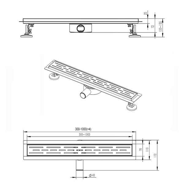 Душевой лоток горизонтальный Azario 360° 600 D40(50) с решеткой хром