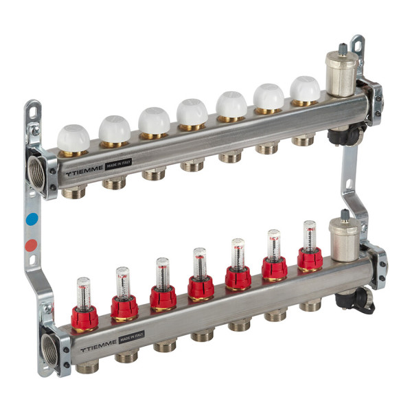 Коллекторная группа Tiemme 7 отводов 1"-3/4" НР ЕК M30х1,5 мм. с расходомерами (нерж.ст) (3920133)
