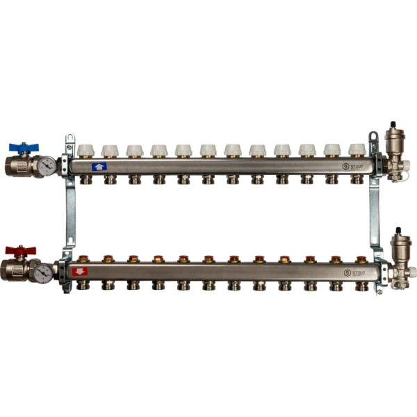Коллекторная группа 12 отводов 1"x3/4"(18)EK в сборе без расходомеров Stout (нерж.сталь) (SMS-0912-000012)
