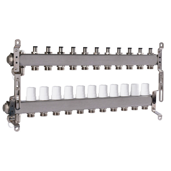 Коллекторная группа 11 отводов 1"*3/4"(18) ЕК с регулировочными клапанами Okseler (нерж.ст) с дренажным краном и краном Маевского (Oks00310)