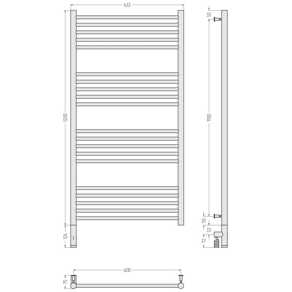 Полотенцесушитель электрический Сунержа Богема 3.0 прямая 1200x600 провод слева матовый чёрный (31-5804-1260)
