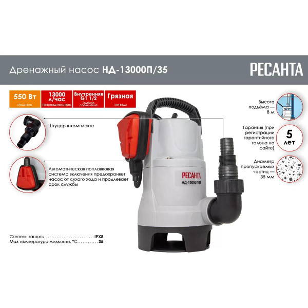 Насос дренажный Ресанта НД-13000П/35 (77/2/5) Насос дренажный Ресанта НД-13000П/35 (77/2/5)