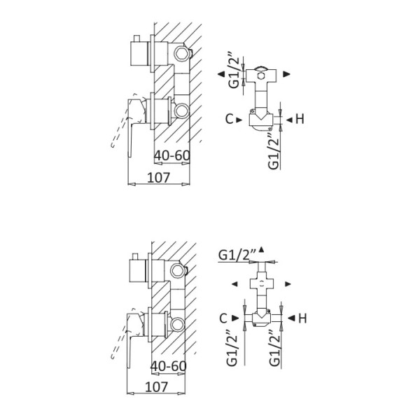 Смеситель для душа Cezares Nautic встраиваемый переключатель на 2 выхода, хром (NAUTIC-VDIM2-M-01)