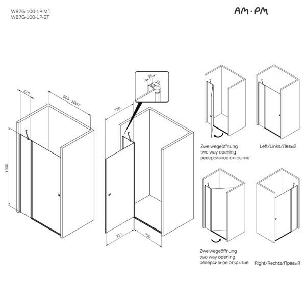 Душевая дверь AM.PM Sunny 100x190 стекло прозрачное, профиль черный матовый (W87G-10-1P-BT)