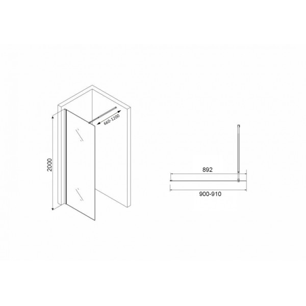 Душевая стенка Abber Immer Offen 90x200 стекло Рифленое, профиль черный (AG61091R8)