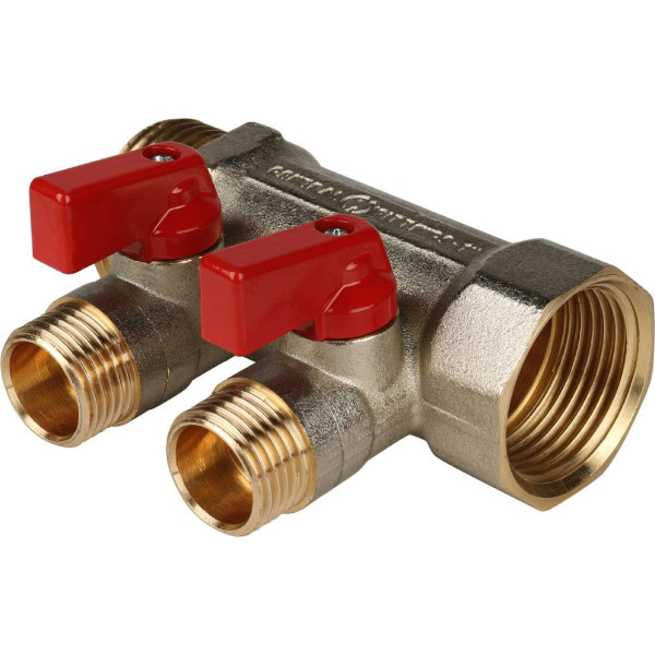 Коллектор 2 отвода с шаровыми клапанами 1"x1/2"(16) Stout (латунь, красные ручки) (SMB-6200-011202)