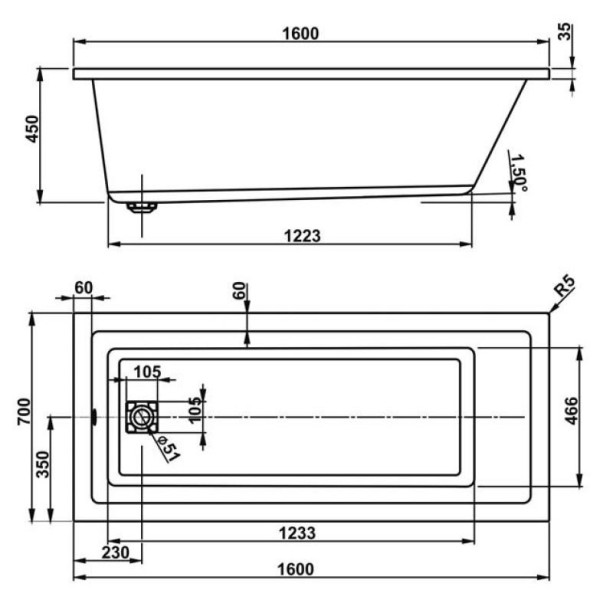 Ванна акриловая VagnerPlast Cavallo 160 160х70х45 (VPBA167CAV2X-04)