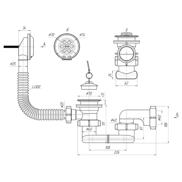 Обвязка для ванны АНИ с выпуском 1 1/2"*40 плоский сифон АНИ пласт (E050)
