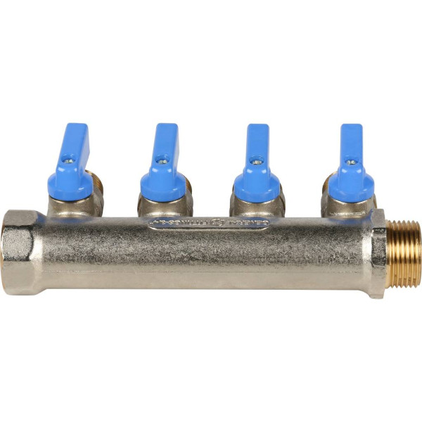 Коллектор 4 отвода с шаровыми клапанами 3/4"x1/2"(16) Stout (латунь, синие ручки) (SMB-6201-341204) Коллектор 4 отвода с шаровыми клапанами 3/4"x1/2"(16) Stout (латунь, синие ручки) (SMB-6201-341204)
