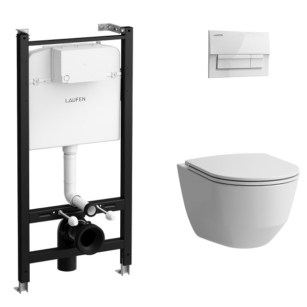 Инсталляция для подвесного унитаза Laufen PRO чаша унитаза Rimless с сиденьем микролифт и белой клавишей смыва (Z.RU93.0.761.6)