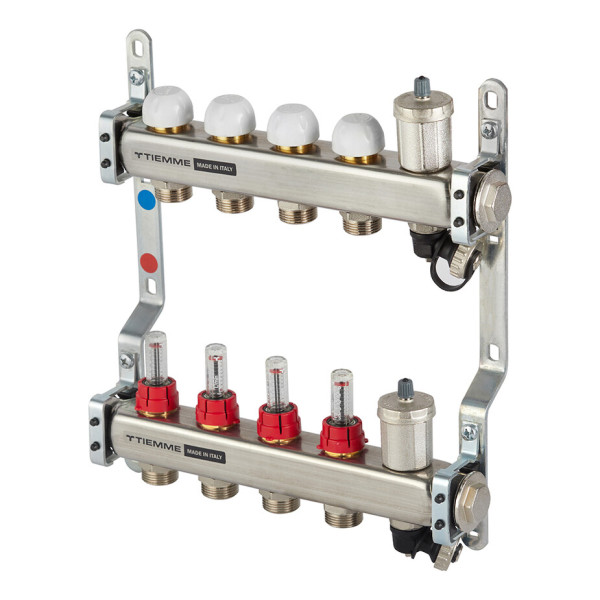 Коллекторная группа Tiemme 4 отвода 1"-3/4" НР ЕК M30х1,5 мм. с расходомерами (нерж.ст) (3920130)