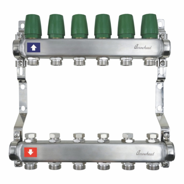 Коллекторная группа 6 отводов 1"х3/4"(евроконус) Arrowhead с настроечными клапанами (нерж.сталь) (CS-300-06)