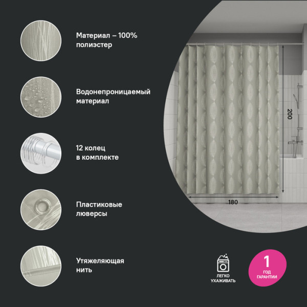 Шторка для ванн текстильная Iddis Base 180x200 серая (BD05P18i11)