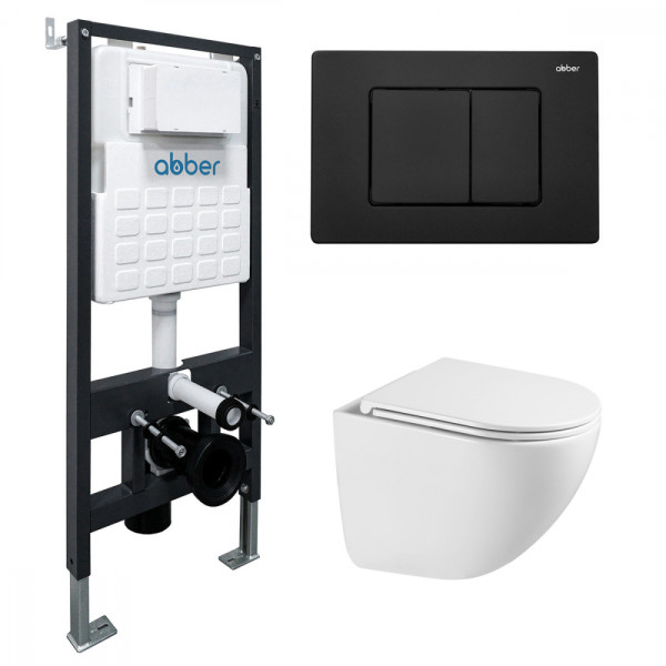 Комплект подвесной унитаз Abber Bequem AC1131TC белый, с закрытым дном с инсталляцией AC0105 и кнопкой AC0120MB черный матовый (AC1131TC-AC0105-AC0120