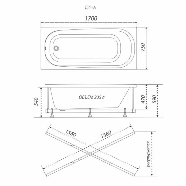 Ванна акриловая 1ACReal Дина 170x75 (V89O) Ванна акриловая 1ACReal Дина 170x75 (V89O)