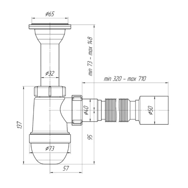 Сифон 32 мм. (1 1/4"*40 мм.) бутылочный АНИ с литым выпуском 1 1/4"*65 мм., с гибкой трубой 40*50 АНИ пласт (C2010)