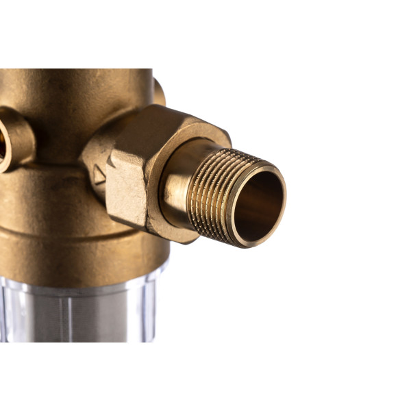 Фильтр самоочищающийся с защитой от гидроудара Гейзер-Бастион 7508205233 3/4" (прозрачный корпус, со сгонами) (32683)