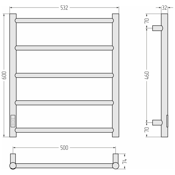 Полотенцесушитель электрический Сунержа Стилье Формат 27 600x500 матовый провод слева/справа чёрный (31529-6050)