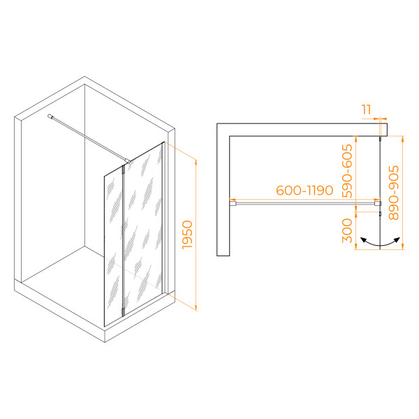 Душевая перегородка RGW WA-050W (WA-002W + Z-070W) 600 стекло прозрачное, профиль Белый (351005063-15)