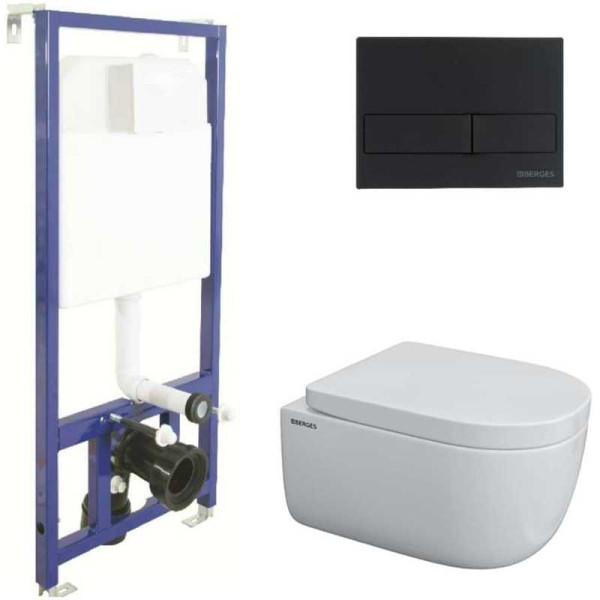 Комплект инсталляция с унитазом Berges инсталляция NOVUM525, кнопка L5 SoftTouch черная, унитаз EGO Rimless 49см, сиденье дюропласт Toma SO,