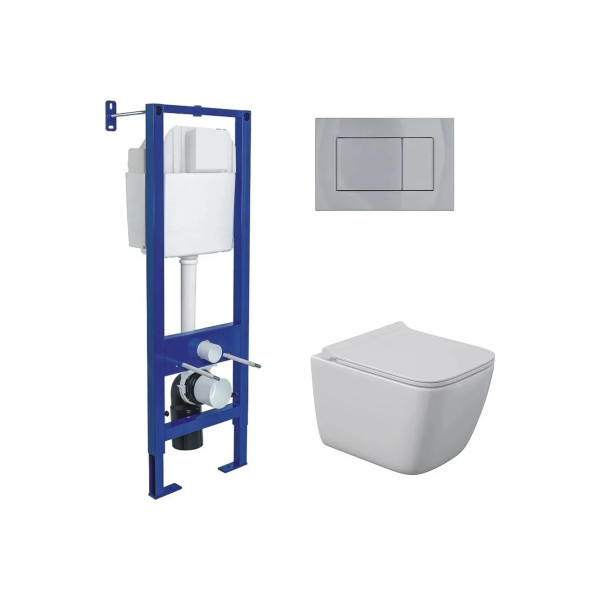 Комплект инсталляция с унитазом Berges Atom кнопка хром глянец, унитаз Quattro S Rimless 49 см, сиденье с soft-close (043364)