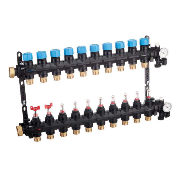 Коллекторная группа 10 отводов 1" с расходомерами и термометрами Henco (композит) (UFH-0605MDK10-03L)