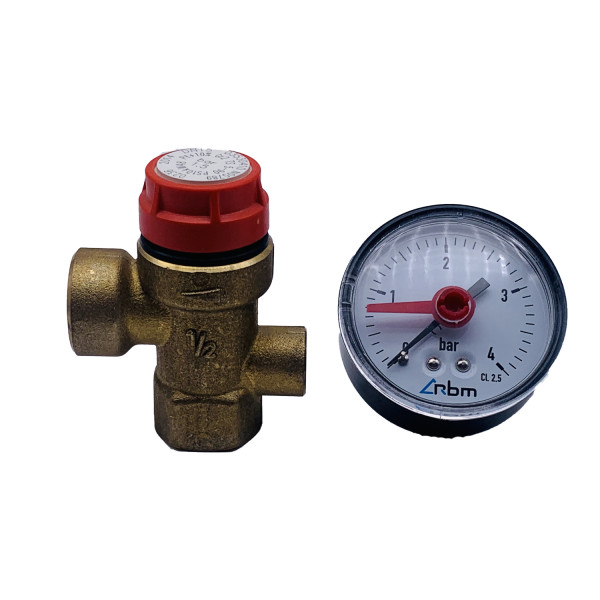Клапан предохранительный с манометром RBM 1/2"ВВ 1,5 бар (353.04.10) Клапан предохранительный с манометром RBM 1/2"ВВ 1,5 бар (353.04.10)