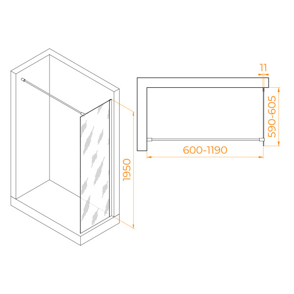 Душевое ограждение RGW Walk In 60x195 стекло прозрачное, профиль золото (35100206-16)