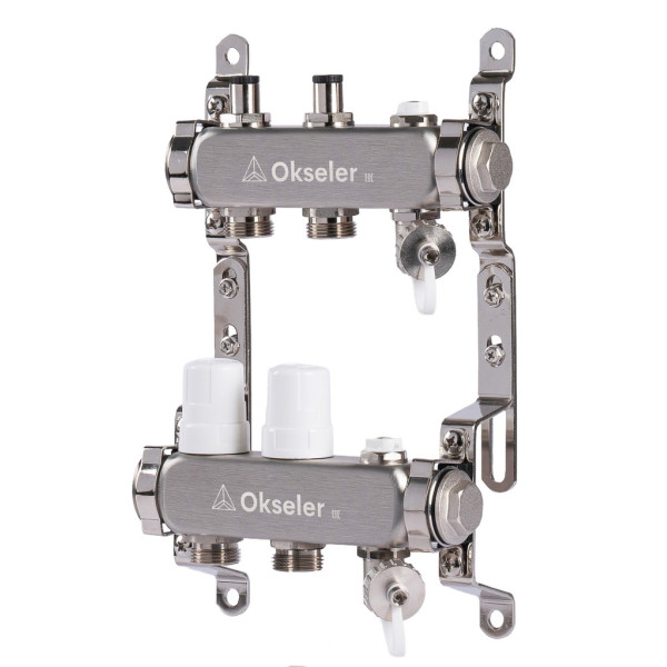 Коллекторная группа 2 отвода 1"*3/4"(18) ЕК с регулировочными клапанами Okseler (нерж.ст) с дренажным краном и краном Маевского (Oks00301)
