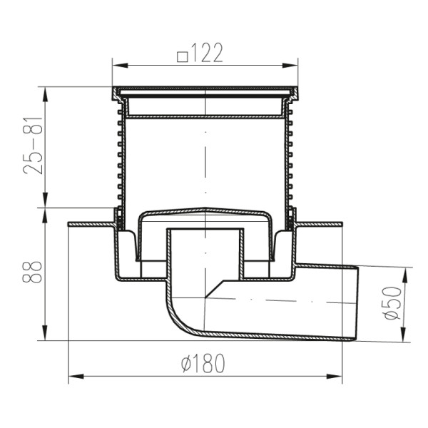 Трап MCH для пола с боковым сливом D50 решетка нерж. 150х150 c воротником нептун