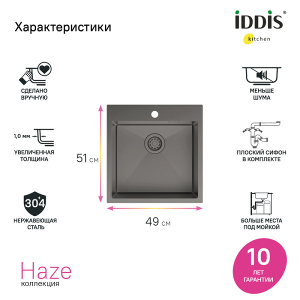 Мойка встраиваемая Iddis Haze 49x510x21 Haze с сифоном графит (HAZ49GMi77)