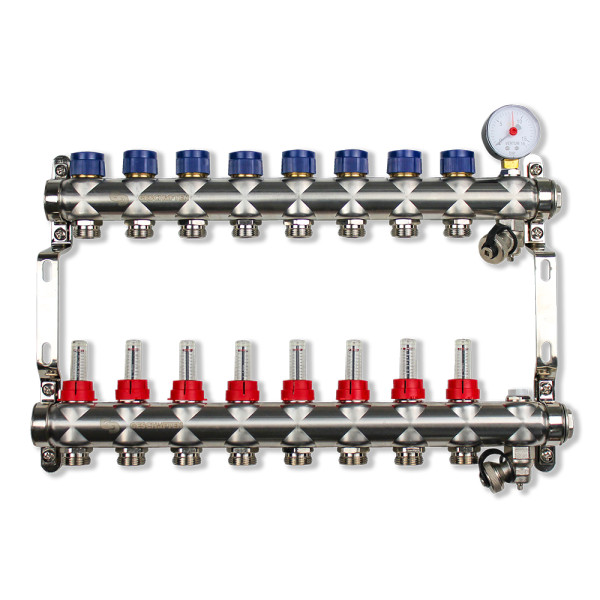 Коллекторная группа 8 отводов 1"*3/4"(евроконус) Geschaften с расходомерами (нерж.сталь) (GS1185-8)
