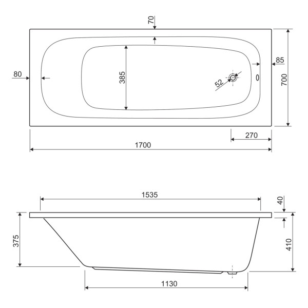 Ванна акриловая Cezares Eco 170x70x60 белый (ECO-170-70-41-W37)