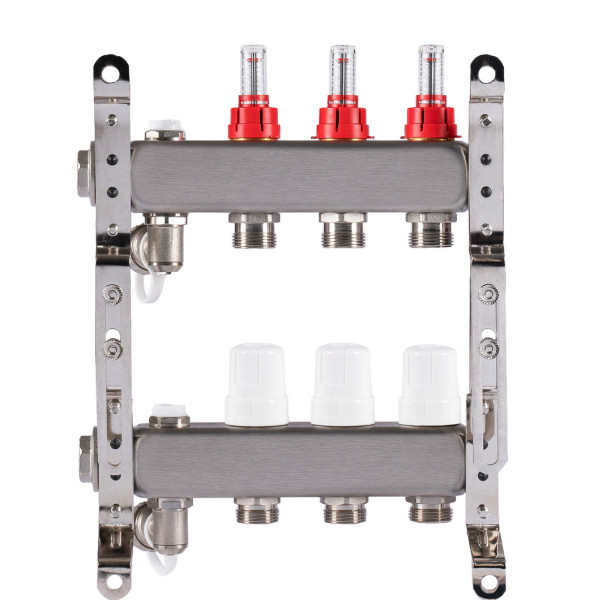 Коллекторная группа 3 отвода 1"*3/4"(18) ЕК с расходомерами Okseler (нерж.ст) с дренажным краном и краном Маевского (Oks00313)