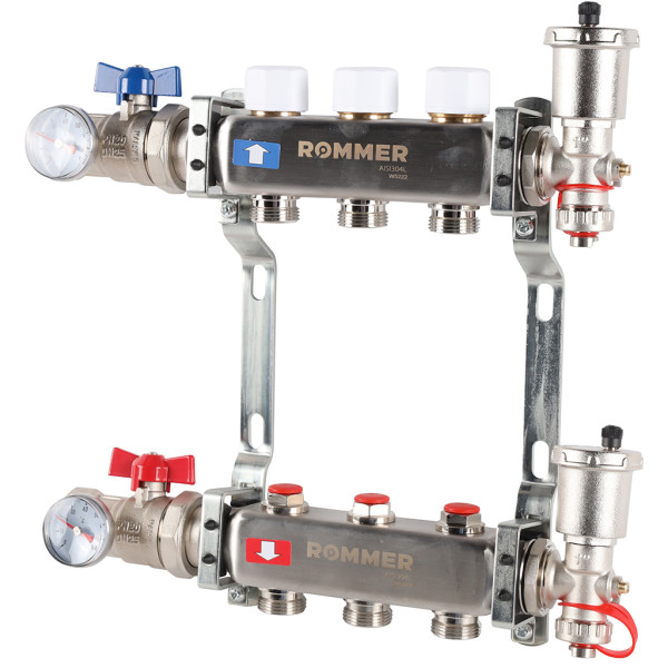 Коллекторная группа Rommer 3 отвода 1"x3/4" в сборе без расходомеров (нерж.сталь) (RMS-3210-000003)