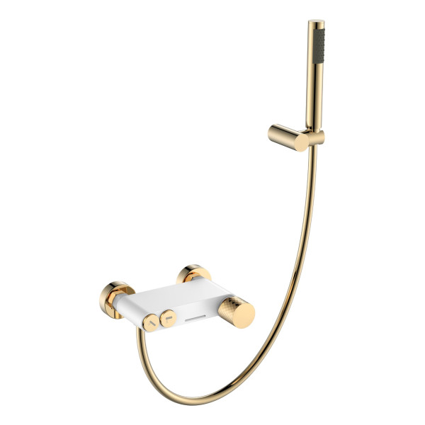 Смеситель для ванны и душа Boheme Stick white Diamond gold с душевым гарнитуром золотой (123-WG)