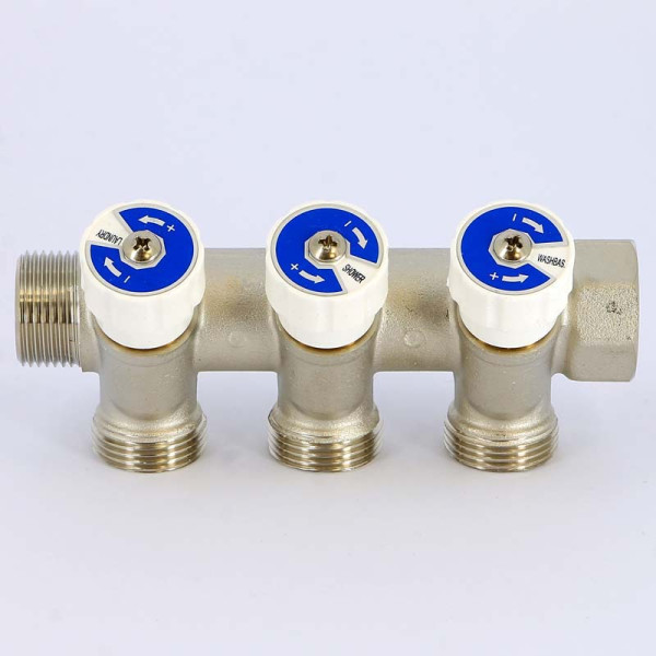 Коллектор Uni-Fitt 3 отвода НВ 3/4"х3/4" ЕК 40 мм с вентилями никелированный